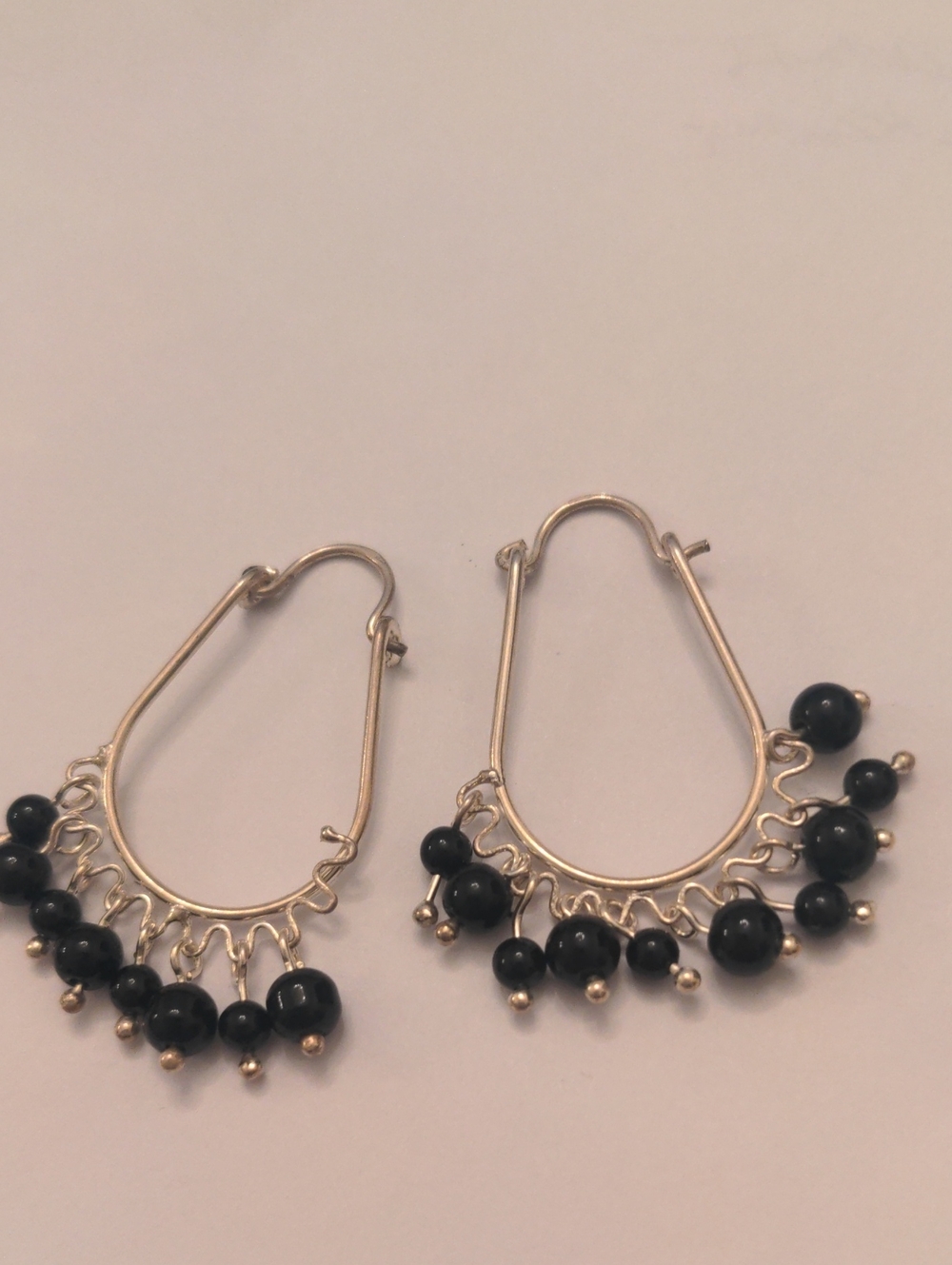New Sterling Silver Hoop Earrings, Black Onyx  Bead Fringe, Drop, Dangle  1 1/4" - Picture 1 of 6